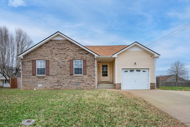 ranch-style home with an attached garage, brick siding, driveway, crawl space, and a front lawn