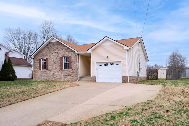 ranch-style house with brick siding, an attached garage, crawl space, driveway, and a front lawn