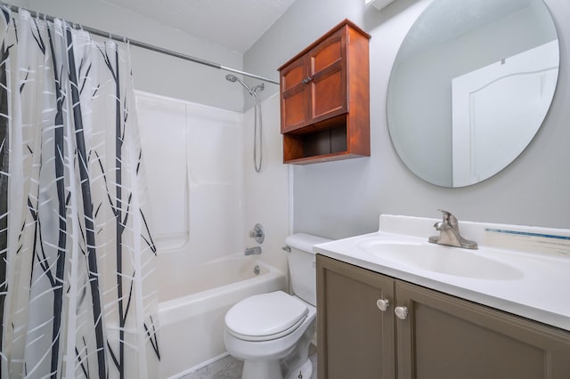 full bathroom with toilet, a textured ceiling, shower / bath combination with curtain, and vanity