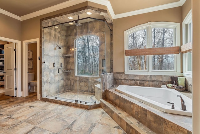 bathroom with independent shower and bath, crown molding, and toilet