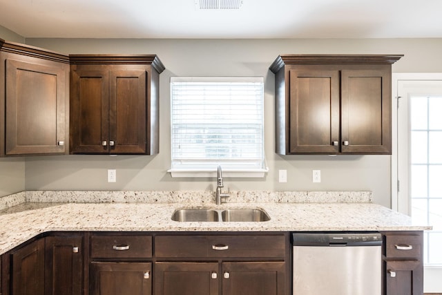 kitchen featuring stainless steel dishwasher, sink, dark brown cabinets, and light stone countertops