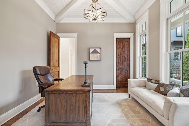 office space featuring wood ceiling, light wood-style flooring, baseboards, and an inviting chandelier