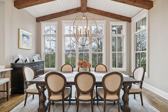 interior space with lofted ceiling with beams, wooden ceiling, and a chandelier