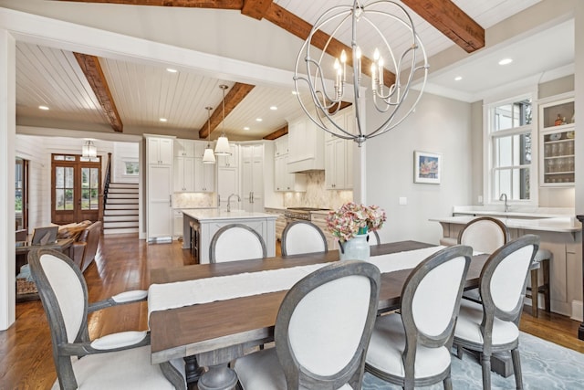 dining room featuring stairway, recessed lighting, dark wood finished floors, and an inviting chandelier