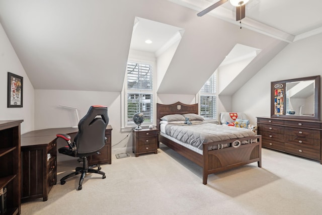 bedroom featuring light carpet, lofted ceiling with beams, baseboards, and a ceiling fan