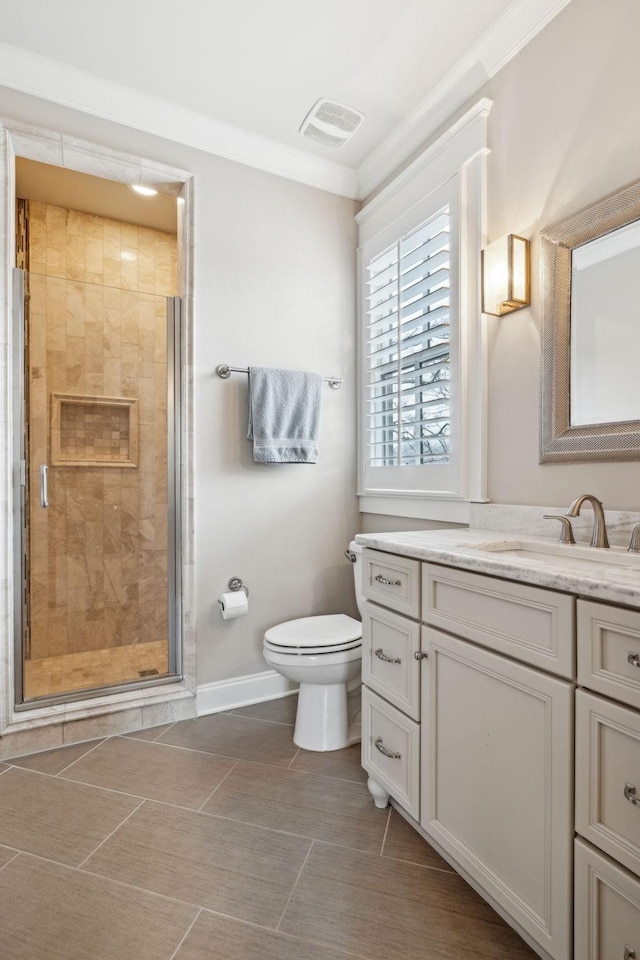 full bathroom with crown molding, visible vents, toilet, a stall shower, and vanity