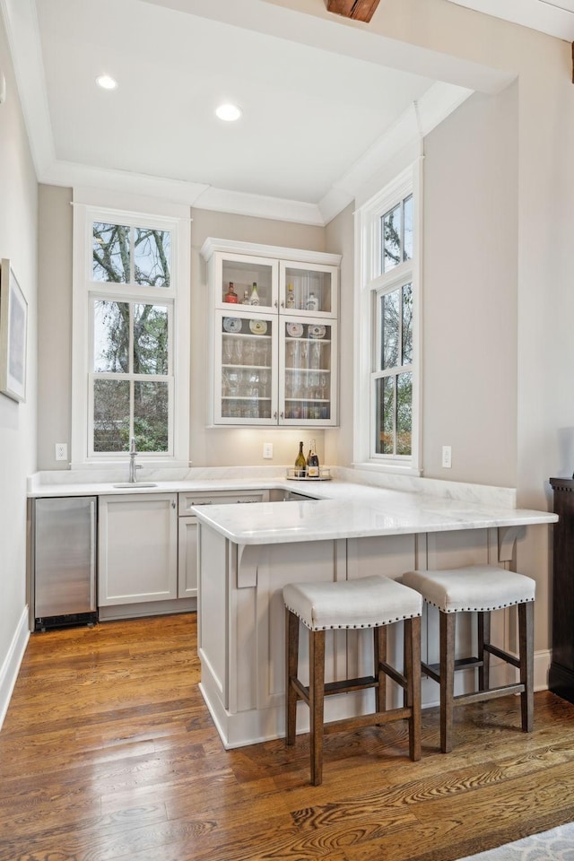 bar with ornamental molding, wood finished floors, and a wealth of natural light