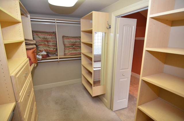 spacious closet featuring light carpet