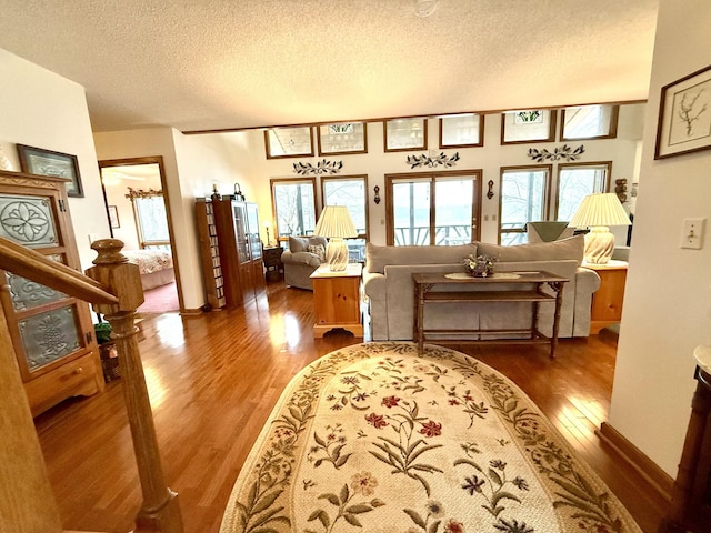 living room featuring a textured ceiling, hardwood / wood-style floors, and plenty of natural light