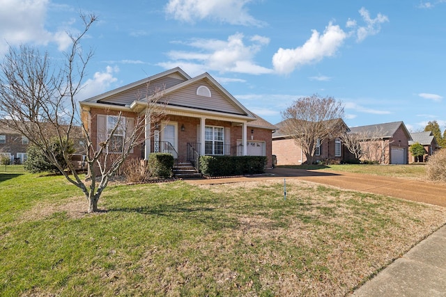 view of front of property featuring driveway, a front lawn, an attached garage, and brick siding