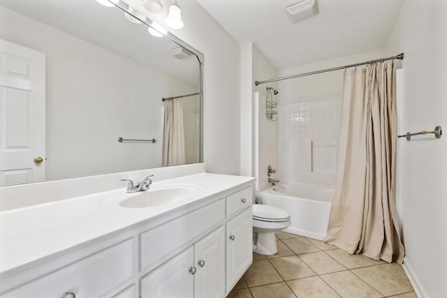 bathroom with visible vents, toilet, tile patterned flooring, shower / bath combo with shower curtain, and vanity