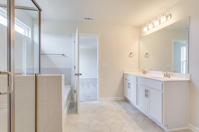 full bathroom featuring double vanity, a sink, visible vents, and baseboards