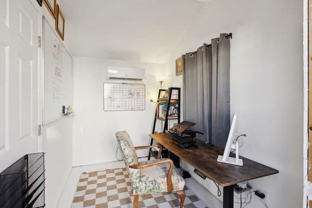 office area featuring vaulted ceiling and a wall mounted air conditioner