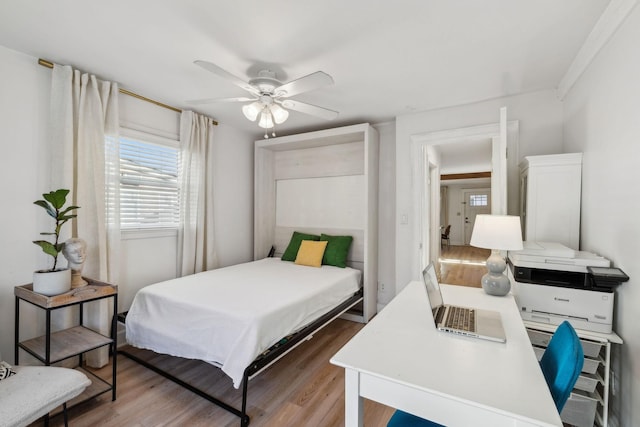 bedroom with hardwood / wood-style floors and ceiling fan