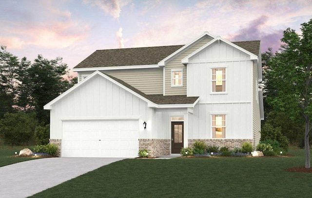 modern farmhouse featuring board and batten siding, brick siding, a lawn, and driveway