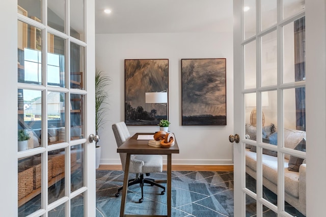 home office featuring french doors, recessed lighting, and baseboards