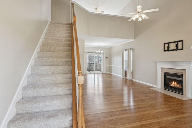 stairway featuring hardwood / wood-style flooring, a high end fireplace, a towering ceiling, and ceiling fan with notable chandelier