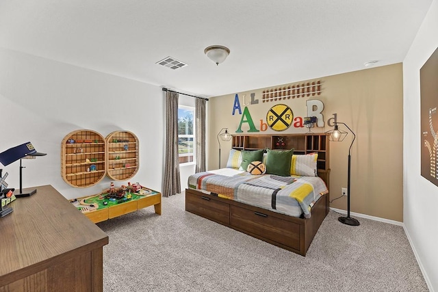 bedroom featuring carpet, visible vents, and baseboards