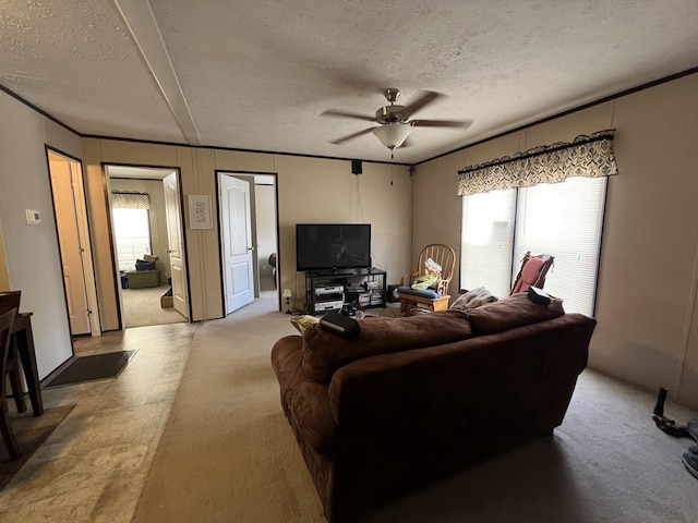 living room featuring a textured ceiling, crown molding, and ceiling fan