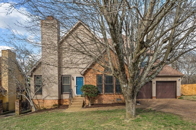 view of front of home featuring a chimney, roof with shingles, crawl space, fence, and a front lawn