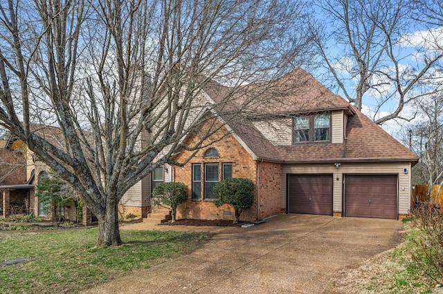 view of front of property with driveway, a shingled roof, a front lawn, and brick siding