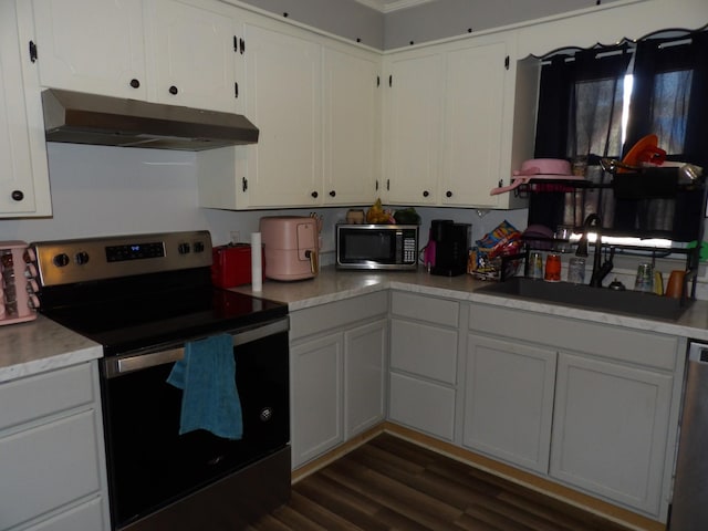 kitchen featuring white cabinets, appliances with stainless steel finishes, sink, and dark hardwood / wood-style floors