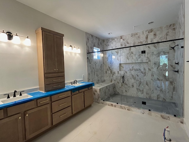 4928 Elmview Ct, Smyrna, TN 37167 - bathroom featuring a marble finish shower, a sink, and double vanity
