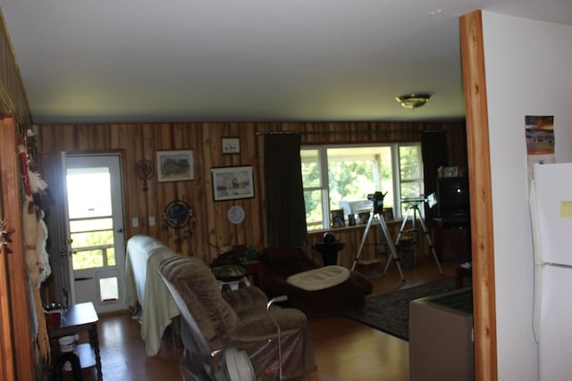 living room featuring wood walls and dark hardwood / wood-style flooring