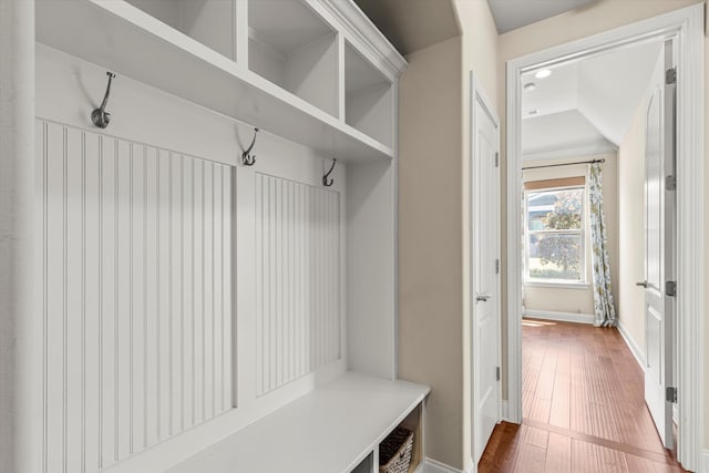 mudroom with hardwood / wood-style floors