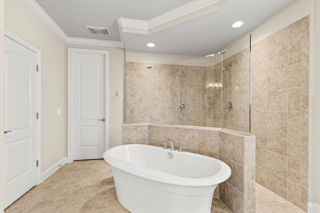 bathroom featuring shower with separate bathtub and crown molding