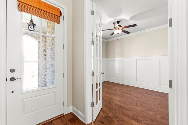 foyer featuring ceiling fan, ornamental molding, french doors, and dark hardwood / wood-style flooring