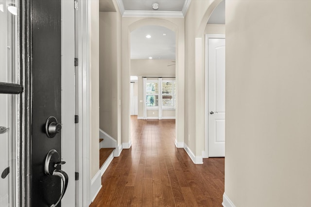 foyer featuring crown molding and dark hardwood / wood-style floors