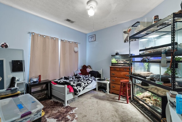 carpeted bedroom with a textured ceiling