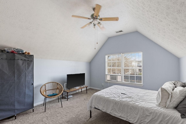 carpeted bedroom with ceiling fan, cooling unit, a textured ceiling, and lofted ceiling