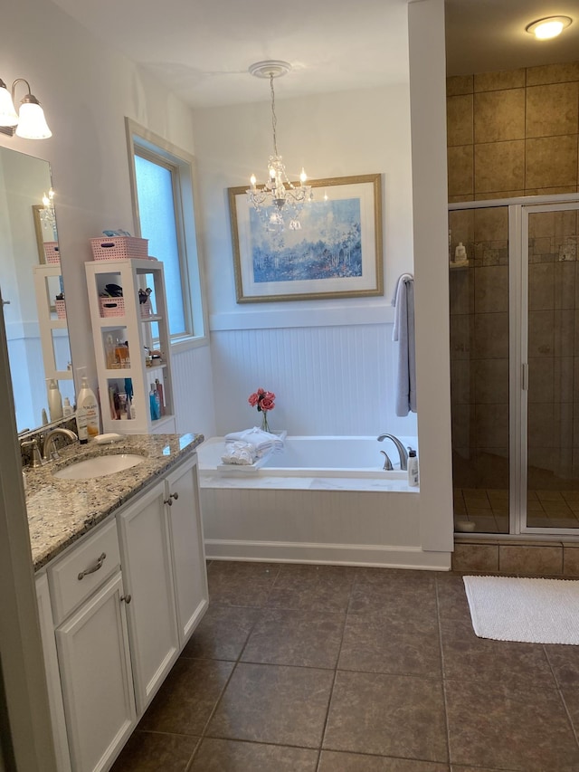 5107 General Eisenhower Dr, Murfreesboro, TN 37129 - full bath featuring a wainscoted wall, a stall shower, vanity, a bath, and tile patterned floors