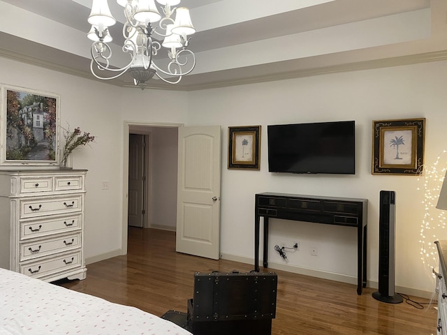 5107 General Eisenhower Dr, Murfreesboro, TN 37129 - bedroom featuring a tray ceiling, dark wood finished floors, and a notable chandelier