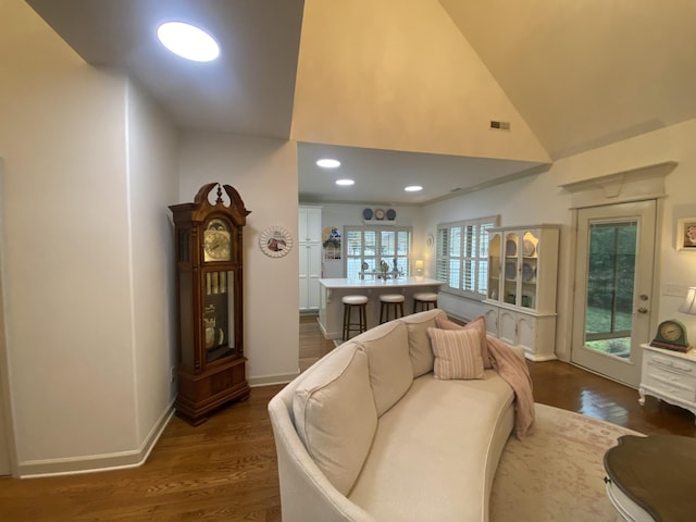 5107 General Eisenhower Dr, Murfreesboro, TN 37129 - living room with recessed lighting, visible vents, dark wood-type flooring, high vaulted ceiling, and baseboards