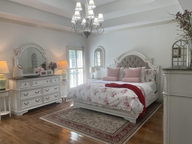 5107 General Eisenhower Dr, Murfreesboro, TN 37129 - bedroom with a chandelier, a tray ceiling, crown molding, and dark wood finished floors