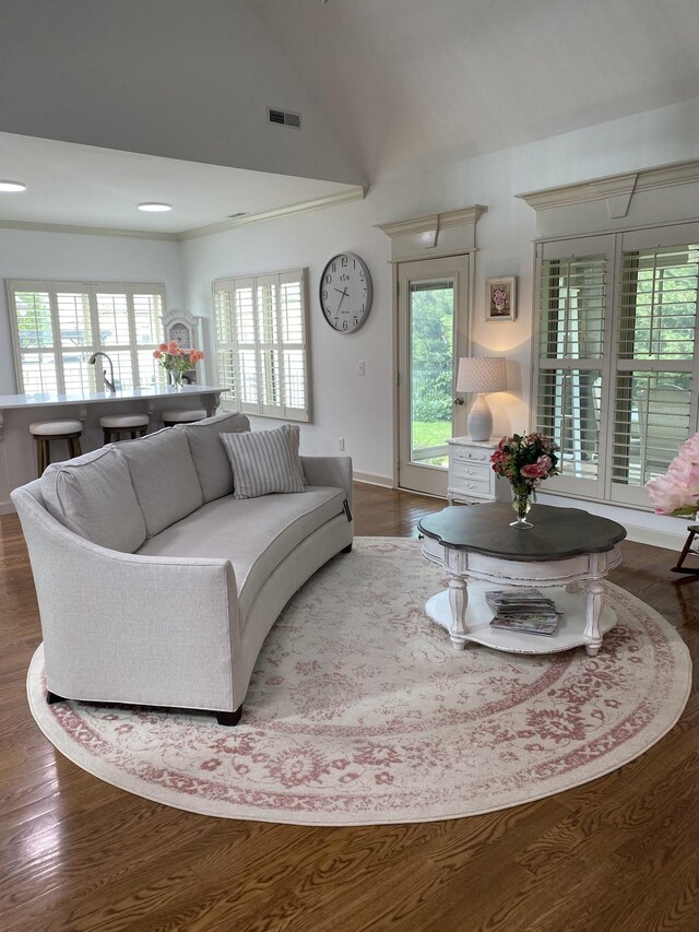 5107 General Eisenhower Dr, Murfreesboro, TN 37129 - living area featuring dark wood-style floors, visible vents, and high vaulted ceiling