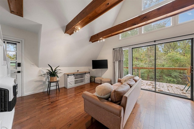 living room with a healthy amount of sunlight, dark hardwood / wood-style flooring, and beam ceiling