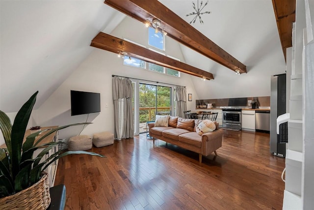 living room featuring hardwood / wood-style floors, high vaulted ceiling, and beam ceiling