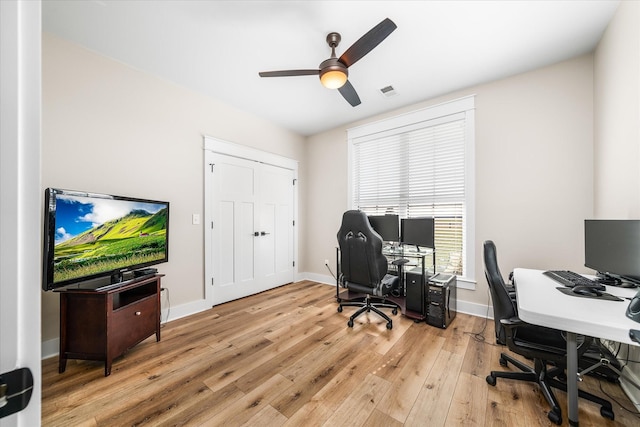 office area with ceiling fan and light hardwood / wood-style flooring