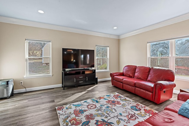 living room with dark wood-type flooring and crown molding