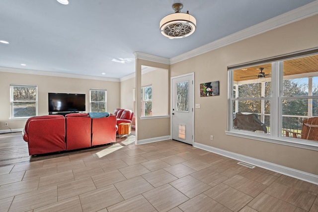 living room featuring ornamental molding