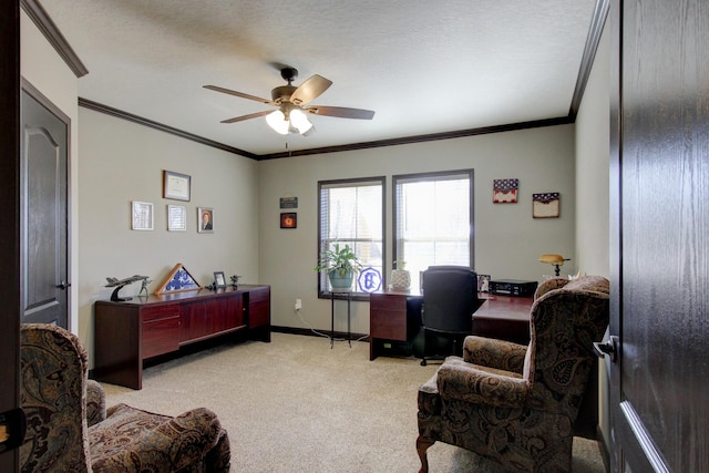 carpeted home office with ceiling fan, crown molding, and a textured ceiling