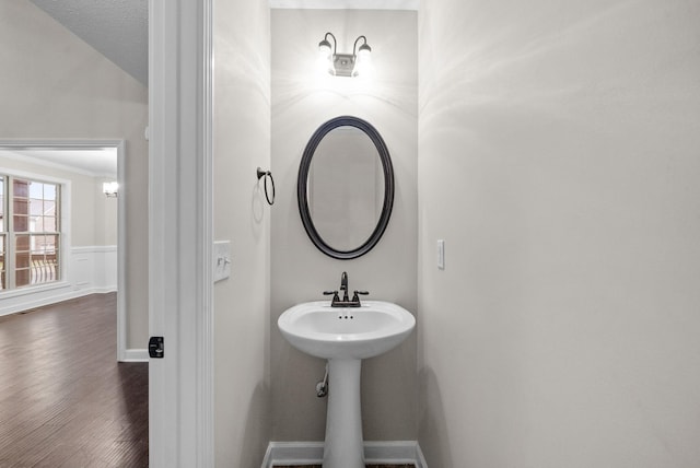 bathroom with hardwood / wood-style flooring and ornamental molding