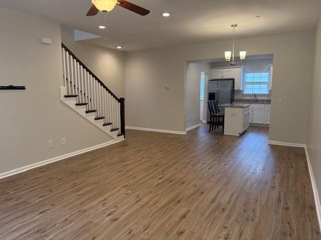 95 Plumlee Dr Unit 27, Hendersonville, TN 37075 - unfurnished living room with a ceiling fan, dark wood finished floors, baseboards, stairway, and recessed lighting