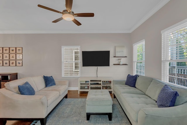 living room featuring ornamental molding, ceiling fan, and wood-type flooring