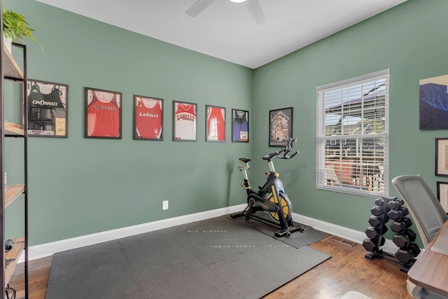 workout area featuring ceiling fan and hardwood / wood-style floors