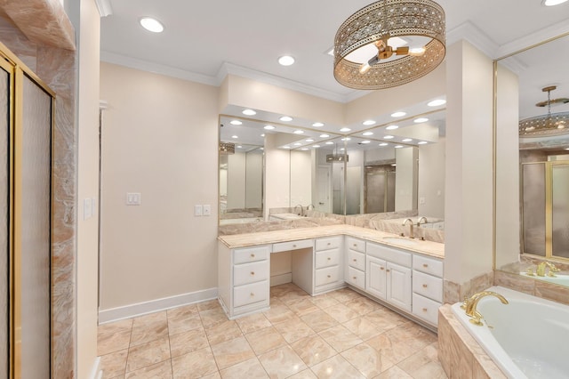 bathroom featuring shower with separate bathtub, vanity, and ornamental molding